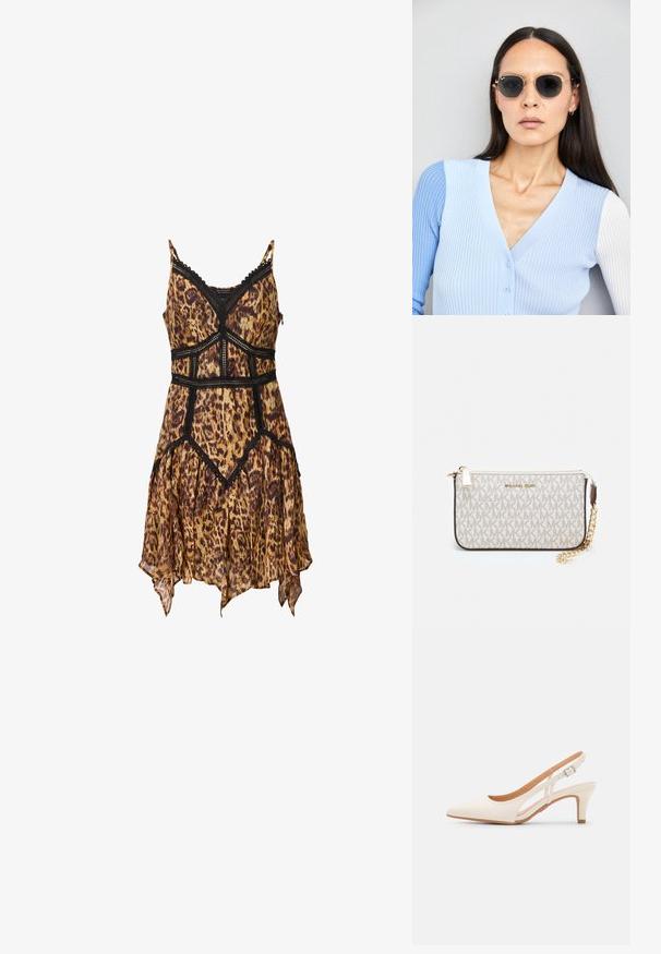 Leopardo raštas su smagračių dirželiais, nėrinių akcentais, aptempta liemene ir laisvu, asimetriniu kraštu. Pagaminta iš lengvos medžiagos.; Balti slingback kulniukai su smailiu pirštu, lygia viršutine medžiaga, žemu blokuotu kulnu ir šoniniu išpjovimu su reguliuojamu sagtimi.; Apskriti saulės akiniai su tamsiais objektyvais ir auksiniais rėmeliais. Modelis vilki šviesiai mėlyną, raukinį kardiganą su mygtukais ir kontrastingomis baltomis rankovėmis.; Michael Kors rankinė smėlio spalvos dengto kanvoje su pakartotiniu MK logotipo raštu, auksinėmis detalėmis ir nuimamu grandininiu dirželiu.