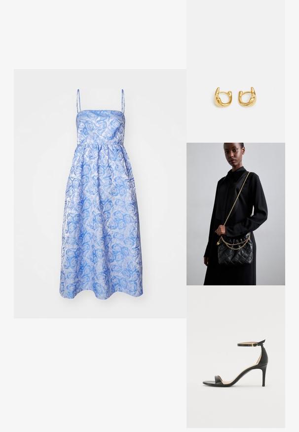 Baum und Pferdgarten ALVINA - Koktailové šaty/večierkové šaty - blue jacquard; Čierne kožené sandále na vysokom podpätku s popruhom okolo členka. Vlastnosti hladkého povrchu, otvorenej špičky a tenkého podpätku. Detail zlatého spony.; Čierna prešívaná kožená kabelka s naťahovacím vrchom, zlatým reťazovým popruhom a obdĺžnikovým tvarom, držaná pred jednoduchým pozadím.; Zlaté kruhové náušnice s hladkým, zaobleným dizajnom a lesklým povrchom. Náušnice majú kompaktný, hrubý tvar a bezšvíkovú sponu.