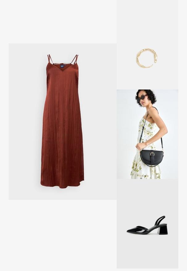 Rostfarbiges, ärmelloses Maxikleid mit V-Ausschnitt und gefaltetem Design, aus glattem Material gefertigt. Verfügt über dünne, verstellbare Schulterträger.; Schwarze Lackleder-Slingback-High Heels mit spitzem Schuh und einem geometrischen Blockabsatz. Verfügt über ein schlankes, minimalistisches Design und eine glatte Textur.; Schwarze Lederhandtasche mit geschwungener Form, abnehmbarem Tragegurt und goldenen Beschlägen. Die Tasche verfügt über einen Deckel mit einer Schnallen-Details.; Goldfarbener Ring mit einem organischen, gedrehten Design, glatter Oberfläche und sich verjüngenden Enden, was ein modernes, skulpturales Erscheinungsbild erzeugt.