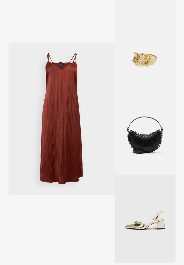 Rostfarbiges, ärmelloses Maxikleid mit V-Ausschnitt und gefaltetem Design, aus glattem Material gefertigt. Verfügt über dünne, verstellbare Schulterträger.; Goldene, metallische Slingback-Absätze mit spitzem Zeh und dicker Ferse. Glatte Textur, minimalistisches Design und ein schmaler Riemen.; Schwarze Handtasche mit Krokodillederprägung in geschwungener Form, abnehmbaren Schulterriemen und einem eleganten metallischen Akzent auf der Vorderseite.; Goldring mit strukturiertem, wellenförmigem Design, das drei markante Spitzen aufweist. Glatte, glänzende Oberfläche mit einem offenen Band für einen verstellbaren Sitz.
