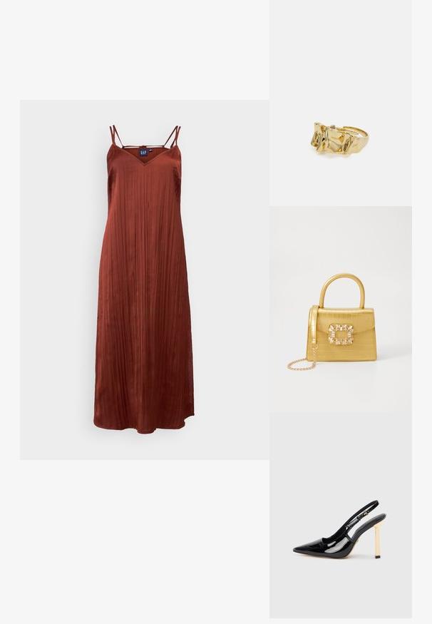 Maxi šaty bez rukávov v hrdzavej farbe s V-výstrihom a plisovaným dizajnom, vyrobené z hladkého materiálu. Obsahujú tenké nastaviteľné ramenné popruhy.; Čierna lakovaná kožená slingback obuv na vysokom podpätku s špicatou špičkou a zlatým štvorcovým akcentom na podpätku. Obsahuje nastaviteľný remienok na členku.; Žltá falošná krokodília kabelka so štruktúrovaným dizajnom, horným držadlom, odnímateľným reťazovým popruhom a dekoratívnym kryštálovým ozdobením na zapínaní.; Zlatý prsteň s textúrovaným, vlnitým dizajnom, ktorý má tri výrazné vrcholy. Hladký, lesklý povrch a otvorený pásik pre nastaviteľné prispôsobenie.