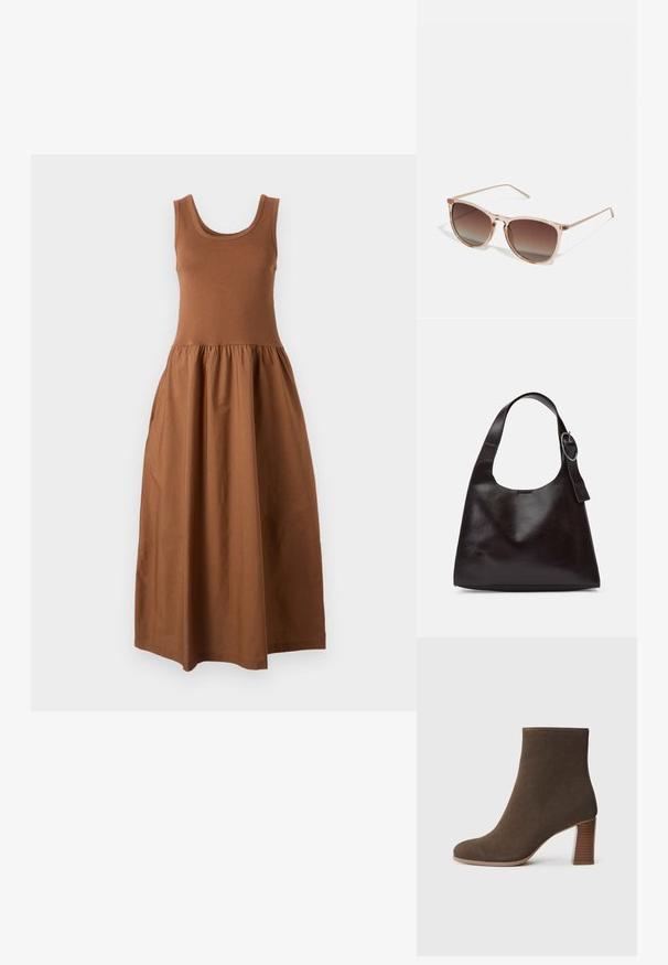 Braunes ärmelloses Kleid mit einer taillierten Oberseite und einem fließenden, gerafften Rock. Hergestellt aus weichem Stoff, hat es einen runden Halsausschnitt und ein design, das bis zur Mitte des Oberschenkels reicht.; Braune Wildleder-Ankle-Boots mit runder Zehenform und einem gestuften, strukturierten Absatz. Glatte Oberfläche ohne sichtbare Verschlüsse oder Verzierungen.; Braune Farbverlauf-Sonnenbrille mit einem durchscheinenden rosa Rahmen, quadratischer Form und dünnen Metallbügeln. Verfügt über abgerundete Kanten und minimale Details.; Braune Lederumhängetasche mit glatter Textur, runder Form, breitem Tragegurt und metallischem, kreisförmigem Akzent am Griff.