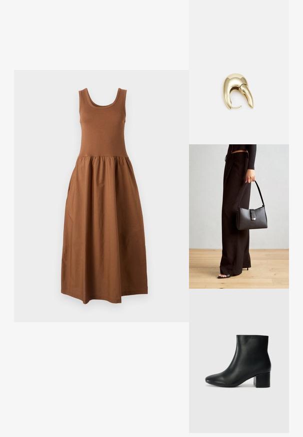 Brūna bezpiedurkņu kleita ar pieguļošu augšdaļu un plūstošu, sakrautām svārku daļu. Izgatavota no mīksta auduma, tai ir apaļa kakla izgriezuma un vidēja garuma dizains.; Melna ādas potīšu zābaki ar smailu purngalu un masīlu papēdi. Gluda tekstūra ar minimāliem akcentiem un gludu, pieguļošu dizainu.; Melnā somiņa ar strukturētu formu, gludu tekstūru un metālu sprādzi. Saskaņota ar platām melnām biksēm un sandālēm ar atvērtu purngalu uz koka grīdas.; Zeltīti metāla auskari ar gludu, izliekta dizaina. Ar atšķirīgu smailu formu, pulētu virsmu un eņģu aizdari.