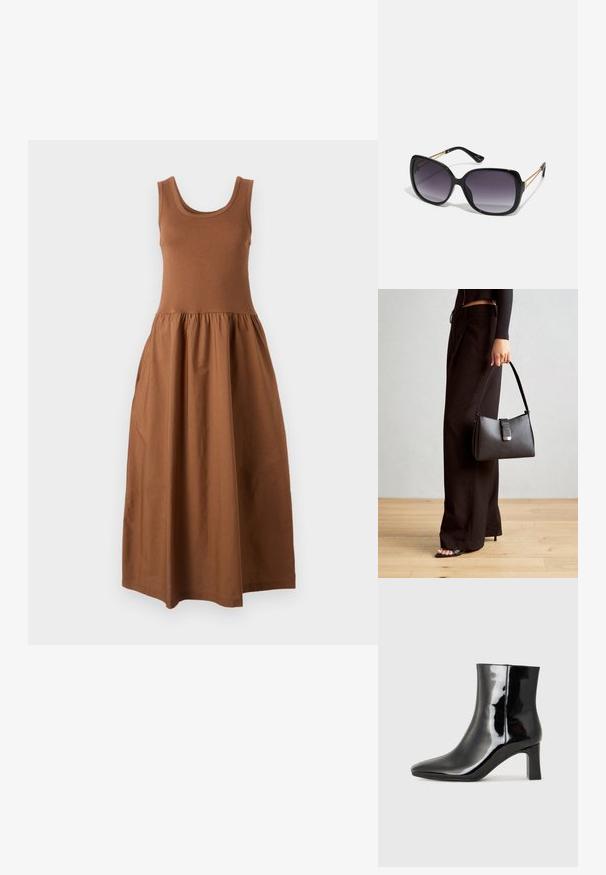 Brown sleeveless dress with a fitted top and a flowing, gathered skirt. Made of soft fabric, it features a round neckline and mid-length design.; Black patent leather ankle boot with a pointed toe and a mid-height block heel. Smooth texture and minimalist design.; Black oversized sunglasses with gradient lenses, thick frames, and gold-tone chain detailing on the temple arms.; Black handbag with structured shape, smooth texture, and a metallic clasp. Paired with wide black pants and open-toe sandals on wooden floor.