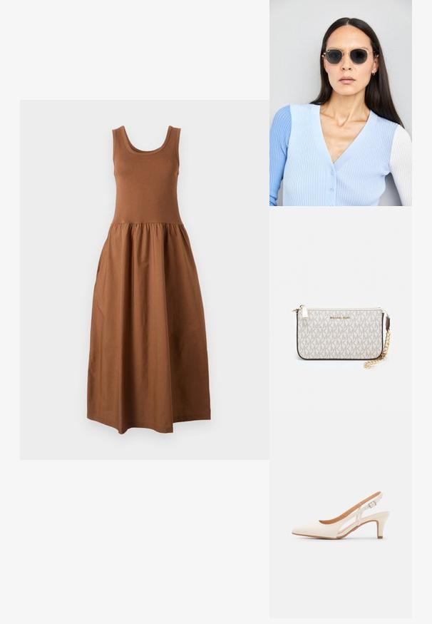 Ruda be rankovių suknelė su prigludusia viršūne ir laisvai krentančia, raukšlėta sijonėlė. Pagaminta iš minkštos medžiagos, ji turi apvalią iškirptę ir vidutinio ilgio modelį.; Balti slingback kulniukai su smailiu pirštu, lygia viršutine medžiaga, žemu blokuotu kulnu ir šoniniu išpjovimu su reguliuojamu sagtimi.; Apskriti saulės akiniai su tamsiais objektyvais ir auksiniais rėmeliais. Modelis vilki šviesiai mėlyną, raukinį kardiganą su mygtukais ir kontrastingomis baltomis rankovėmis.; Michael Kors rankinė smėlio spalvos dengto kanvoje su pakartotiniu MK logotipo raštu, auksinėmis detalėmis ir nuimamu grandininiu dirželiu.