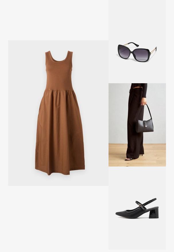 Ruskea hihaton mekko, jossa on tiukka yläosa ja virtaava, kerätty hame. Valmistettu pehmeästä kankaasta, siinä on pyöreä kaula-aukko ja keskipitkä muoto.; Musta lakattu nahka slingback-korkokengät, joissa on terävä kärki, pyöreä aukko-muotoilu ja lohkokorko. Varustettu kultasävyisellä solkiyksityiskohdalla.; Mustat ylisuurten kehysten aurinkolasit, joissa on liukuväri-linssit, paksut kehykset ja kultasävyiset ketjustuskoristeet temppeleissä.; Musta käsilaukku, jossa on rakenteellinen muoto, sileä pinta ja metallinen solki. Yhdistetty leveisiin mustiin housuihin ja avonaiheisiin sandaaleihin puulattialla.