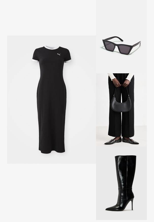 Vestido maxi preto com mangas curtas, gola branca e acabamentos nas mangas, feito de um tecido suave, apresentando um logo perto do peito.; Botas de couro pretas até ao joelho com bico fino e salto alto de agulha. Textura suave e design elegante, com detalhes mínimos.; Óculos de sol pretos, angulares, com lentes cinzas; feitos de plástico, apresentando hastes grossas com uma superfície lisa e sem hardware visível.; Bolsa de ombro de couro preta com forma arredondada, acabamento brilhante e ferragens prateadas. Pessoa vestindo calças largas pretas e mocassins com tachas.