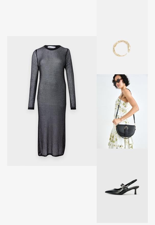 Musta pitkähihaiseksi mekko, joka on valmistettu läpikuultavasta neulotusta kankaasta. Mekossa on pyöreä kaula-aukko ja kapea, tiukka siluetti.; Musta patenttinaahkakengät, joissa on osoittava kärki ja pieni lohko korko, varustettuna hopeisella soljella hihnassa.; Musta nahkainen käsilaukku, joka on kaareva muotoilultaan, irrotettavalla hihnalla ja kultaisilla yksityiskohdilla. Laukussa on läppä, jossa on solk yksityiskohta.; Kultaketju, jossa on orgaaninen, kierretty muotoilu, sileä pinta ja cappatut päät, luoden modernin, veistoksellisen ilmeen.