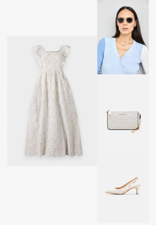 Gėlių maksi suknelė kremine spalva, su kvadratine iškirpte, pūstomis rankovėmis, elastinga juosmens dalimi ir išmėtytomis purpurinėmis ir žaliosiomis gėlių raštais.; Balti slingback kulniukai su smailiu pirštu, lygia viršutine medžiaga, žemu blokuotu kulnu ir šoniniu išpjovimu su reguliuojamu sagtimi.; Apskriti saulės akiniai su tamsiais objektyvais ir auksiniais rėmeliais. Modelis vilki šviesiai mėlyną, raukinį kardiganą su mygtukais ir kontrastingomis baltomis rankovėmis.; Michael Kors rankinė smėlio spalvos dengto kanvoje su pakartotiniu MK logotipo raštu, auksinėmis detalėmis ir nuimamu grandininiu dirželiu.