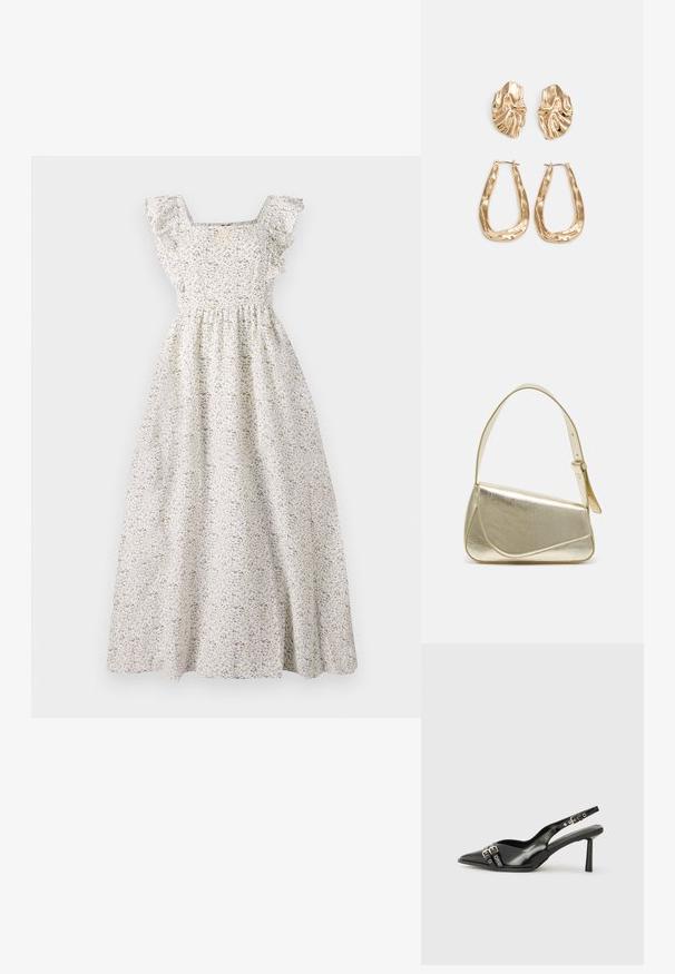 Vestido maxi floral em creme, apresenta um decote quadrado, mangas com frufrus, cintura elástica e padrões florais roxos e verdes espalhados.; Sapato slingback preto em pele patentada com bico apontado, tiras no tornozelo apresentando fivelas e acessórios prateados, e um salto elegante.; Bolsa de mão metálica dourada com um design estruturado, textura suave e alça ajustável. Apresenta uma forma triangular única e costura minimalista.; Brincos em tom de ouro com formas onduladas e texturizadas. Inclui studs escultóricos com presilha e um design de argola aberta com um acabamento martelado.