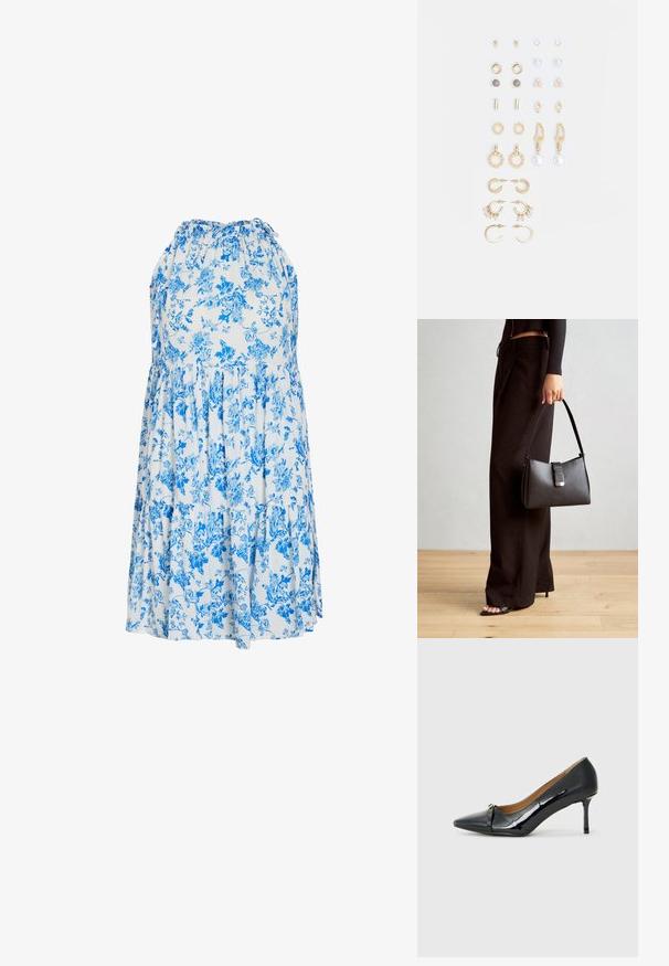 Kergelt sinine ja valge lilleline suvekleit, millel on kaelusehalter, kihilised volangid ja mugav, vabalt langev disain.; Must musta korkeakorkoiset kengät läpikuultavasta mustasta mokasta, joissa on teräväpäinen kärki, koristeellinen nauha edessä ja ohut stilettokorko.; Must musta kott, millel on struktureeritud kuju, sile tekstuur ja metallist klamber. Kombineeritud laiate mustade pükstega ja avatud varvaste sandaalidega puidust põrandal.; Kullastusust kõrvarõngaste komplekt, mis sisaldab erinevaid disaine, sealhulgas nööpe, rõngaid ja riputatavaid tükke, millel on pärlid ja rhinestones.