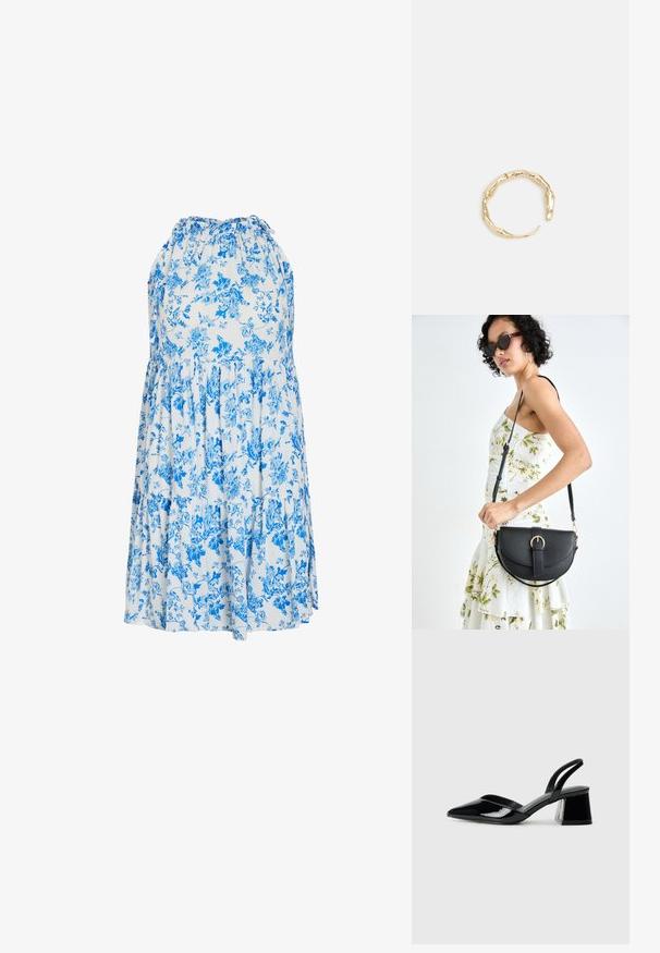 Kergelt sinine ja valge lilleline suvekleit, millel on kaelusehalter, kihilised volangid ja mugav, vabalt langev disain.; Mustad musta lakknahk kingad, millel on terav varvas ja geomeetriline plokkkonts. Omab elegantselt minimalistlikku disaini ja sujuvat tekstuuri.; Mustmust mustraha kõverate joontega, eemaldatava rihmaga ja kuldsete detailidega. Kotil on klapp, millel on pandladetail.; Kuldtoonis sõrmus, millel on orgaaniline, keerdunud disain sileda tekstuuri ja kitsenevate otstega, luues kaasaegse skulptuurilise välimuse.