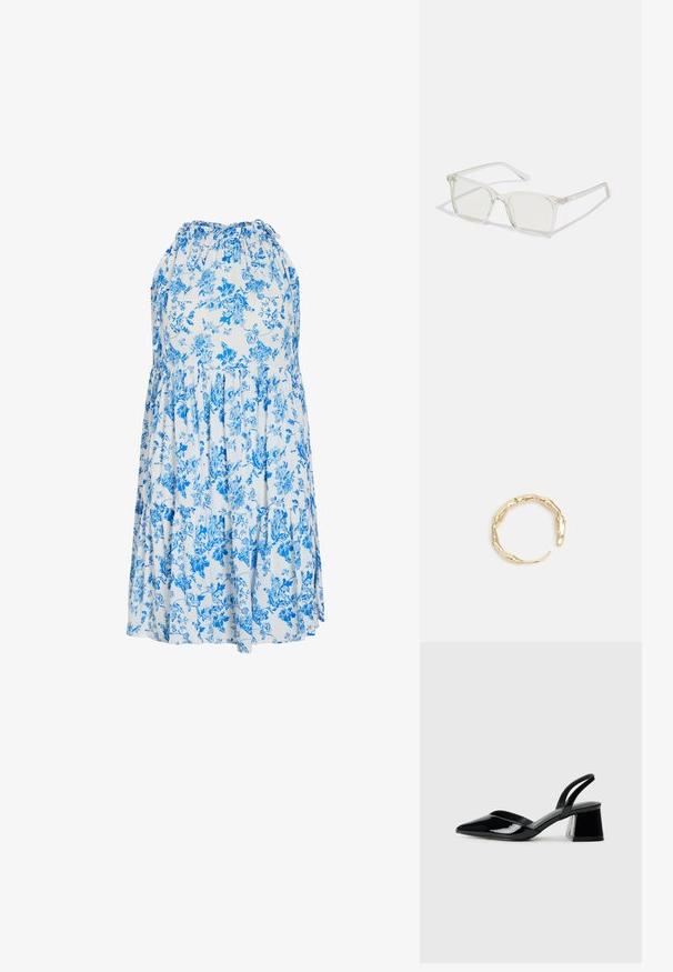 Cvetna poletna obleka v svetlo modri in beli barvi, z halter izrezom, slojem ruffles in udobnim, ohlapnim krojem.; Črne lakirane slingback pete s koničastim nosom in geometrijsko blokasto peto. Imajo eleganten, minimalističen dizajn in gladko teksturo.; Prozorne kvadratne plastične očala s prozornimi lečami, ki imajo zlato dekoracijo na ročajih za dodaten pridih podrobnosti.; Zlati prstan s organskim, zvitim dizajnom, gladko površino in taperiranimi konci, ki ustvarja modernega, skulpturalnega videza.
