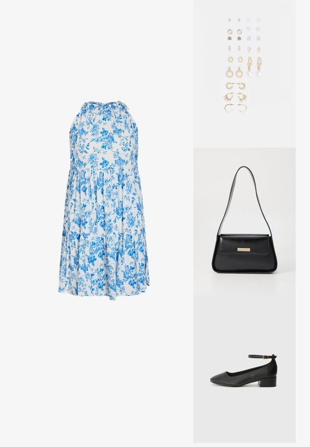 Világoskék és fehér virágmintás nyári ruha, amelynek nyakpántos dekoltázsa, réteges fodrok és kényelmes, laza szabása van.; Fekete bőr magassarkú cipő hegyes orral és alacsony tömb sarkal. Bokapánttal rendelkezik, aranyszínű csattal. Simább textúra.; Fekete bőr kézitáska strukturált háromszög alakú, vékony pánttal és arany színű fémszíjjal, elöl található logó plakettel a fedélön.; Arany tónusú fülbevalók szettje, amely különféle mintákat tartalmaz, beleértve a stift fülbevalókat, karikákat és gyöngyökkel és strasszokkal díszített hosszú fülbevalókat.