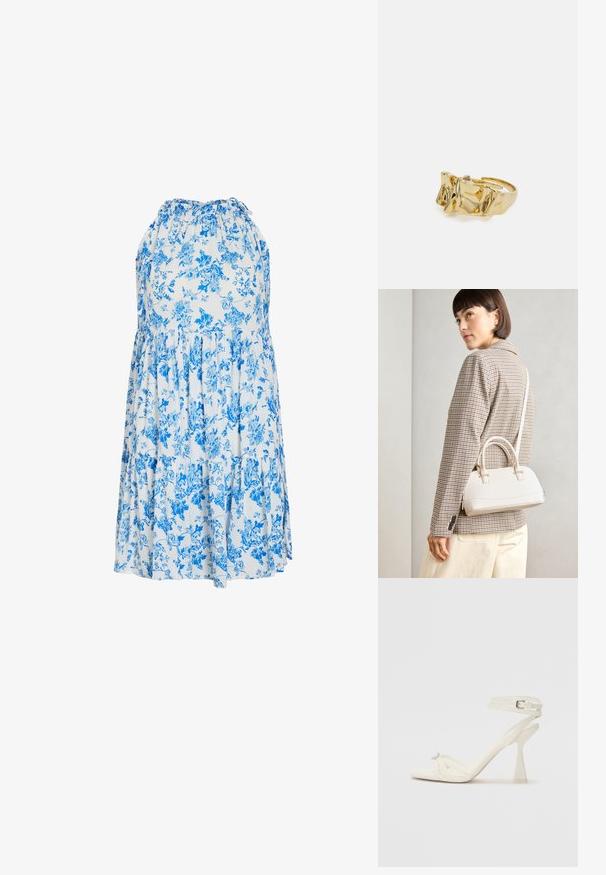 Cvetna poletna obleka v svetlo modri in beli barvi, z halter izrezom, slojem ruffles in udobnim, ohlapnim krojem.; Sandal z visoko peto z naramnicami v beli usnjeni izvedbi s popolnim dizajnom, prozorno blok peto in dekorativnim elementom na prstih.; Bela strukturirana torba z kratkimi ročaji in naramnim trakom, z zlatimi okrasnimi elementi in teksturiranim materialom, prikazana na sivi podlagi.; Zlati prstan z teksturiranim, valovitim dizajnom, ki ima tri izrazite vrhove. Gladka, sijoča površina z odprtim pasom za prilagodljivo prileganje.