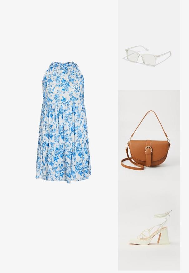 Kvetinové slnečné šaty v svetlomodrej a bielej farbe, s halter výstrihom, vrstvenými volánmi a pohodlným, voľným strihom.; Biele sandále na vysokom opätku s hrubým podpätkom, s pruhovaným dizajnom a viazaním na členku. Hladký povrch s platformou vpredu pre zvýšenú výšku.; Priehľadné plastové okuliare s námestovými rámami a priehľadnými šošovkami, s kultivovanými zlatými akcentmi na spánkoch pre zvýraznenie detailov.; Hnedá kožená kabelka cez telo s zakriveným tvarom, zlatými kovovými doplnkami a akcentom s prackou. Obsahuje odnímateľný ramenný popruh.