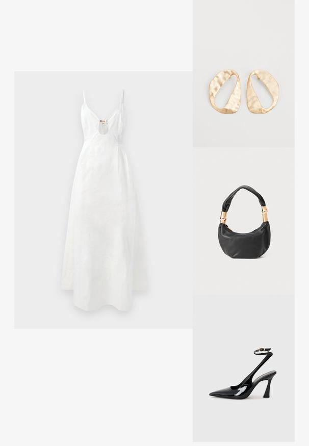 Bijela haljina s tankim naramenicama, dubokim V-izrezom i prorezom u obliku ključa. Glatka tkanina s blagim sjajem, do članaka s pripijenim gornjim dijelom.; Crne lakirane slingback cipele s visokom potpeticom, u obliku špice, s podesivim remenom oko gležnja i umjerenom blok-potpeticom. Glatka tekstura s sjajnim završetkom.; Crna kožna torba s okruglim oblikom, mekim teksturom i čvorastom ručkom s zlatnim metalnim detaljima. Zatvaranje na patentni zatvarač.; Par zlatnih metalnih naušnica nepravilnog ovalnog oblika s teksturiranom, blago kovanom površinom na bijeloj pozadini.