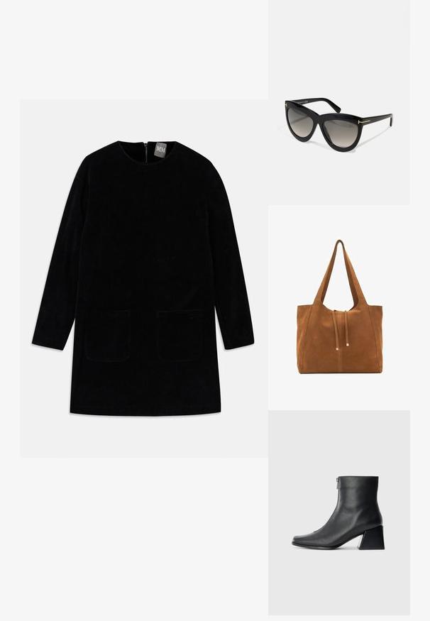 Schwarzes Cordkleid mit langen Ärmeln, hohem Kragen und zwei vorderen Taschen. Verfügt über einen rückseitigen Reißverschluss zum Schließen und hat einen strukturierten Stoff.; Schwarze Lederstiefelette mit quadrater Zehenform, seitlichem Reißverschluss und Blockabsatz vor einem schlichten hellen Hintergrund.; Tom Ford DORIS - Sonnenbrille - shiny black/gradient smoke; Braune Wildleder-Tasche mit zwei langen Trägern, Zugverschluss und minimalistischem Design. Glatte Textur und keine sichtbaren Hardware-Details.