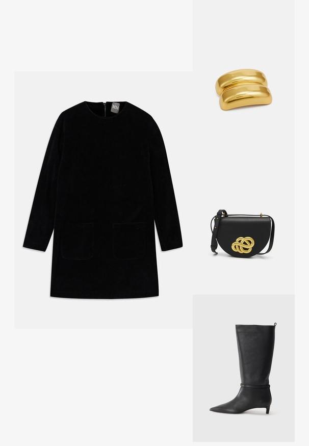 Mustast nõelakudaga kleit, pikkade varrukatega, kõrge kaelusega ja kahe esiosa taskuga. Omab seljaosa luku sulgemist ja tekstuurset kangast.; Must musta põlvik, terava ninaga, millel on ümber pahkluu ümar rihm ja madal, kergelt kitsenev konts. Sile tekstuur.; Must mustamahine nahkrahakott ümarate kujuga, millel on ees suur kuldne dekoratiivne sõlm ja reguleeritav rihm.; Kuldse metallist juukseklamber sileda ja ümarat kujundust. Pind on peegeldav, omades ühte seotud kõverat kuju ilma lisakaunistusteta.