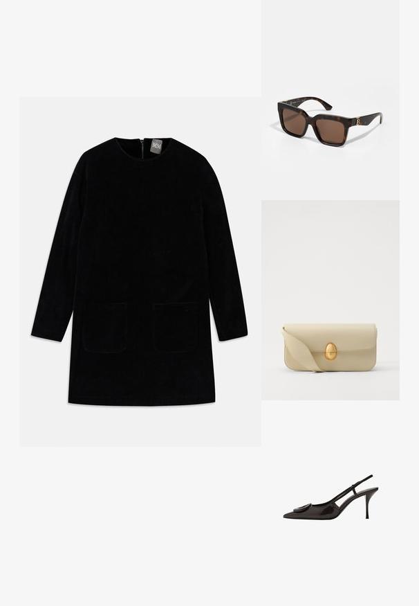 Czarna sukienka z cordurowej tkaniny, z długimi rękawami, wysokim dekoltem oraz dwoma kieszeniami z przodu. Posiada zamek błyskawiczny z tyłu jako zapięcie oraz teksturowaną tkaninę.; Czarna, lakierowana na wysoki połysk, sandałowa szpilka z ostrym noskiem, minimalistycznym wzornictwem, małym okrągłym akcentem na przodzie buta oraz smukłym obcasem.; Brązowe okulary przeciwsłoneczne w kształcie kwadratowym z żółtobrązowymi szkłami i złotym akcentem na zauszniku. Duży rozmiar z grubymi zausznikami.; Beżowa skórzana torebka o gładkiej fakturze, prostokątnym kształcie i złotym, owalnym zapięciu. Posiada długi, regulowany pasek.