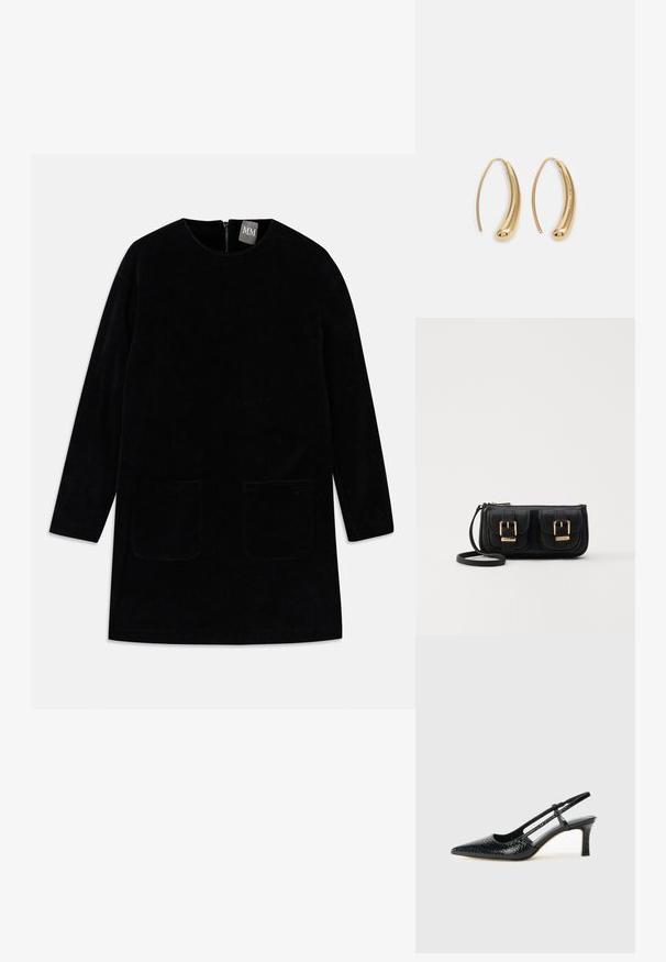 Fekete kordbársony ruha hosszú ujjakkal, magas nyakkivágással és két elülső zsebből áll. Hátul cipzáros zárral rendelkezik, és texturált anyagból készült.; Fekete lakk slingback sarok, hegyes orral, texturált kígyómintával, állítható pánttal és rövid, texturált tömbsarkal.; Fekete bőr keresztbody táska két elülső zsebbel, arany csattokkal, cipzáras záródással és vékony pánttal. Textúrált felület és kompakt téglalap alak.; Aranyszínű fémből készült karika fülbevalók ívelt, hosszúkás formával. Simaságával és fényes felületével, valamint lekerekített végével további részletekkel bővül.