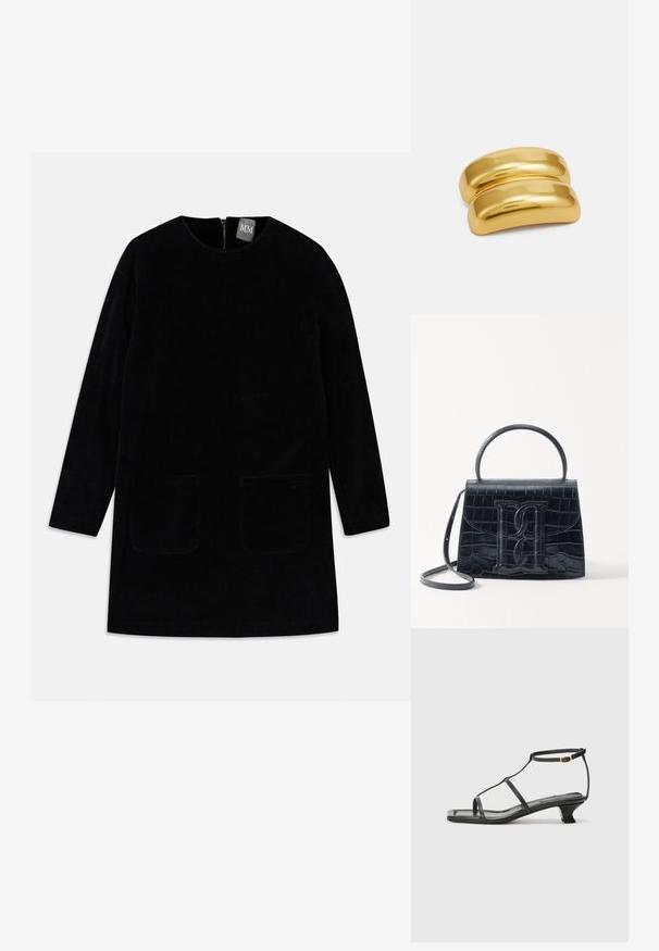 Juodas kordūrojo suknelė su ilgomis rankovėmis, aukštu kaklu ir dviem priekinėmis kišenėmis. Turi užtrauktuką nugaroje ir tekstūruotą audinį.; Juodas odinis sandalai su kvadratiniu pirštu, plonomis dirželiais, reguliuojamu kulkšnies dirželiu ir žemu kulnu. Yra nedidelis aukso akcentas ant dirželio.; Juodas krokodilo rašto odinis rankinės krepšys su struktūruotu dizainu, viršutine rankena, reguliuojamu dirželiu ir išsiskiriančiu priekinio logo detale.; Aukso spalvos metalinė plaukų segtukas su lygiu, apvaliu dizainu. Paviršius blizgus, turi sujungtą, lenktą formą be jokių papildomų puošmenų.