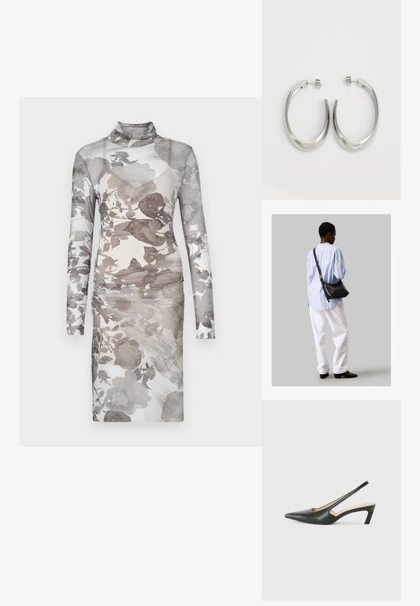Šaty s dlouhým rukávem a vysokým límcem z průsvitné tkaniny s květinovým vzorem. Barvy se pohybují od jemně šedé po smetanovou, s nabíranými detaily v pase.; Černý špičatý slingback s nízkým podpatkem, vyrobený z hladké kůže, s výřezem na boku pro lepší prodyšnost.; Černá kožená kabelka přes rameno s jemnou texturou, trojúhelníkovým tvarem a nastavitelným popruhem, v kombinaci se světle modrou pruhovanou košilí a bílými kalhotami.; Stříbrné kruhové náušnice s hladkým, zakřiveným designem. Vyznačují se lesklým kovovým povrchem a zapínáním na patent. Žádné viditelné vzory nebo akcenty.
