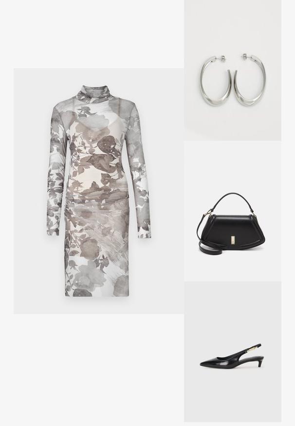 Langermet, høyhalset kjole i gjennomsiktig, blomsterprøvd stoff. Fargene varierer fra myk grå til off-white, med rynkedetaljer i midjen.; Sorte lærreim hæler med spiss tå, som har en slank hæl og en gullfarget detalj på den justerbare stroppen. Glatt tekstur.; Sort lærveske med en strukturert design, som har en avkortet form, topphåndtak og detaljer i gull. Justerbar skulderstropp inkludert.; Sølvøreringer med en jevn, buet design. Har en blank metallisk finish og en studlås. Ingen synlige mønstre eller aksenter.
