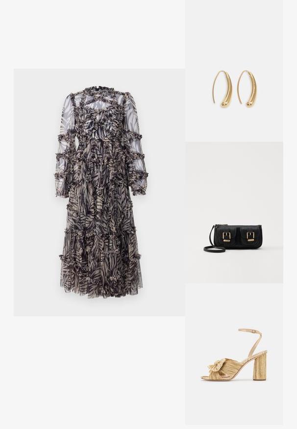 Vestido maxi com um tecido transparente preto e bege com um padrão de folhas. Detalhes em babados por todo o vestido e mangas longas e bufantes.; Sandálias douradas de salto alto com um nó na frente, textura plissada e tiras no tornozelo. O salto quadrado tem um design estriado, aumentando a aderência.; Bolsa de ombro em couro preto com dois bolsos frontais, fivelas douradas, fecho de zíper e uma alça fina. Superfície texturizada e forma retangular compacta.; Brincos em metal dourado com forma de arco alongado e curvado. Apresentam uma superfície lisa e brilhante, com uma ponta arredondada para um detalhe adicional.
