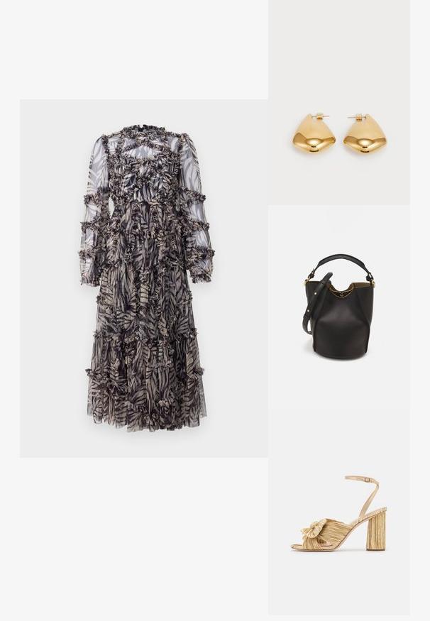 Rochie maxi dintr-un material semi-transparent negru și bej, cu un model de frunze. Accente volanate pe parcursul întregii rochii și mâneci lungi, umflate.; Sandale cu toc auriu, cu un front legat, textură plisată și curea la gleznă. Tocul bloc are un design cu nervuri, care îmbunătățește aderența.; Geantă din piele neagră în stil bucket, cu un finisaj texturat, accente din metal auriu și un compartiment deschis. Dispune de o mânere scurtă și un curea de umăr ajustabilă.; Cercei din metal de culoare aurie, cu o formă triangulară rotunjită și un design cu prindere pe spate; suprafață reflectorizantă cu detalii minime.
