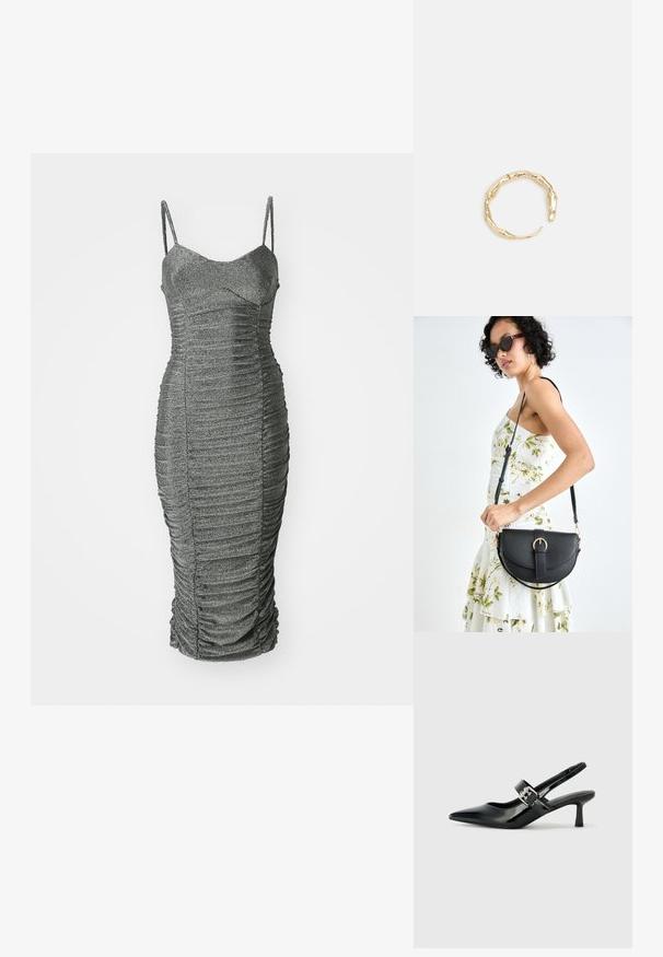 Sivý, priliehajúci šaty s nariasenou textúrou, s nastaviteľnými špagetovými ramienkami a siluetou ceruzky. Vyrobené z lesklého, elastického materiálu.; Čierne patentové kožené sandále na podpätku so špicatou špičkou a malým blokovým podpätkom, s dekoratívnou striebornou sponou na remienku.; Čierna kožená kabelka s zaobleným tvarom, odnímateľným popruhom a zlatými doplnkami. Kabelka má klopu s detailom s prackou.; Prsteň v zlatej farbe s organickým, skrúteným dizajnom, hladkým povrchom a zužujúcimi sa koncami, vytvárajúci moderný, sochársky vzhľad.