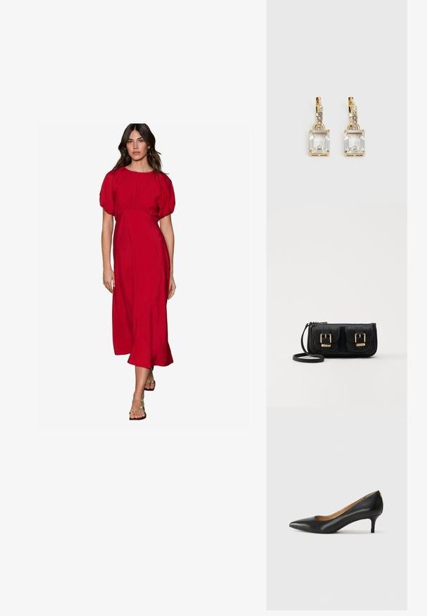 Abito rosso a lunghezza ginocchio con scollatura rotonda, maniche a sbuffo e vita arricciata. Tessuto liscio con una finitura leggermente strutturata.; Décolleté in pelle nera con punta affilata, tacco basso e texture liscia. Presenta un leggero apertura sulla parte anteriore e hardware minimale sul retro.; Borsa a tracolla nera in pelle con due tasche frontali, fibbie dorate, chiusura con zip e una tracolla sottile. Superficie texturizzata e forma rettangolare compatta.; Orecchini in tonalità dorata con un cristallo trasparente rettangolare sospeso sotto una fila di piccoli accenti trasparenti rotondi. Design elegante e moderno.