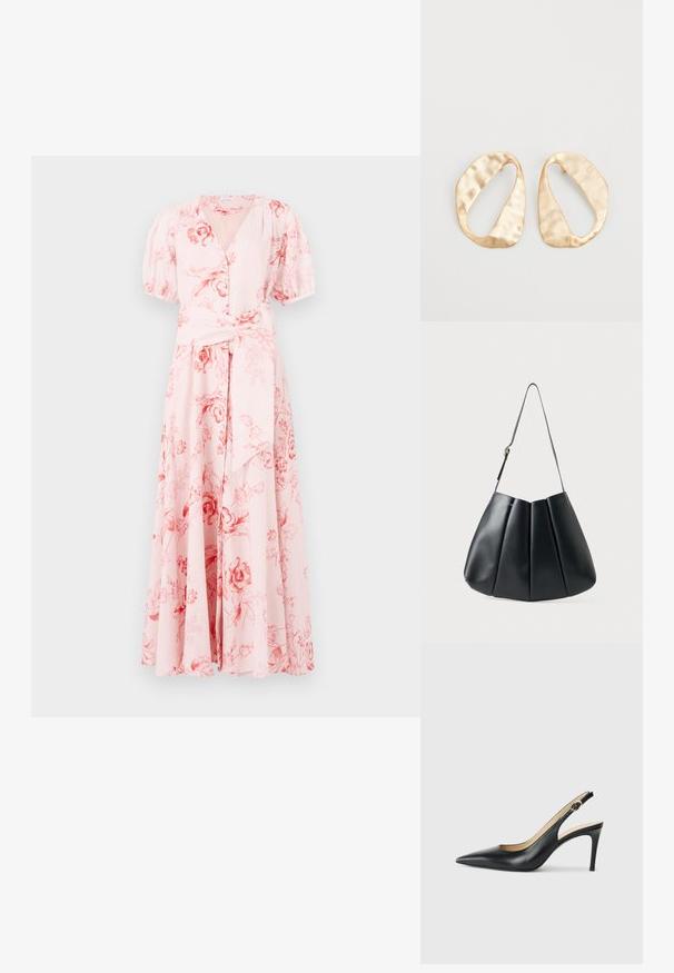 Világos rózsaszín virágmintás maxi ruha. Rövid puffos ujjak, V-kivágás, megkötős derék és bő szoknya jellemzi.; Fekete bőrből készült, hegyes orrú, állítható pánttal rendelkező magassarkú szandál, elegáns tűsarokkal, sima felülettel.; Fekete bőr válltáska redőzött dizájnnal, sima textúrával, egyetlen pánttal és egy diszkrét arany hardver kiemeléssel.; Egy pár szabálytalan, ovális formájú, aranyszínű fém fülbevaló, enyhén kalapált felülettel, fehér háttéren.