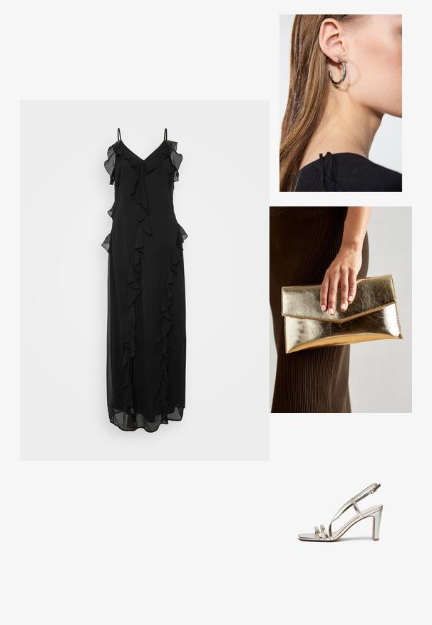 Juoda maksi suknelė su plonomis petnešomis, kuri turi gilią V formos iškirptę ir volanėmis apdailas priekyje ir šonuose, pagaminta iš lengvos medžiagos.; Metallic sidabriniai aukštakulniai sandalai su atvira nosimi, turintys tris plonas dirželius per pėdą ir kulkšnies dirželį su sagtimi.; Auksinės metalinės rankinės su lygiu paviršiumi, kuri turi trikampio formos užsegimą. Ranką laikančioji turi tvarkingai prižiūrėtus nagus.; Sidabrinė lankinė auskarai su poliruotu paviršiumi, turintys mažus auksinius akcentus ir apvalią formą, dėvimi ant ausies kaušelio.