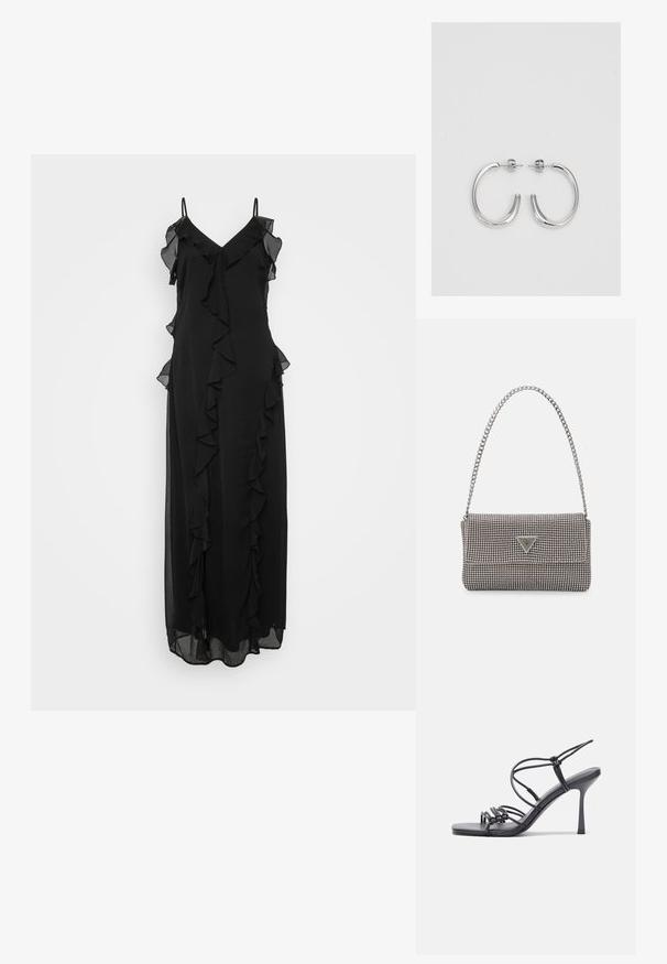 Fekete maxi ruha vékony pántokkal, amely mély V-kivágással és fodros részletekkel rendelkezik az elülső és oldalsó részeken, könnyű anyagból készült.; Fekete magas sarkú szandálok vékony pántokkal, csomózott mintával, sima négyzetes orral és karcsú stiletto sarkal rendelkeznek.; Világosszürke fémes kézitáska lánc pánttal, kis kör alakú fém kifinomult díszítéssel és háromszög alakú márkagéppel.; Ezüst karika fülbevalók sima, fényes felülettel, ívelt formával és postazáras zárral. Minimalista, modern kivitel.