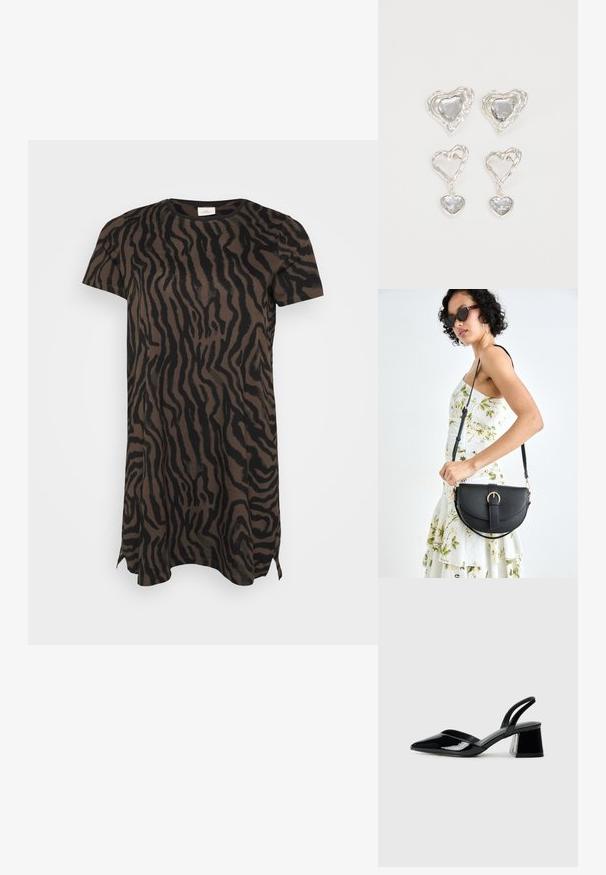 Šaty s krátkým rukávem s hnědým a černým tygřím pruhovaným vzorem, s bočními rozparky na lemu, vystavené na čistém bílém pozadí.; Černé lakované kožené lodičky na pásku s špičatou špičkou a geometrickým blokovým podpatkem. Vyznačují se elegantním, minimalistickým designem a hladkým povrchem.; Černá kožená kabelka s křivkovým tvarem, odnímatelným popruhem a zlatými detaily. Kabelka má klopu s přezkou.; Stříbrné náušnice ve tvaru srdce mají fasetované průhledné kameny a texturovaný rám. Sada zahrnuje styl pecek a visacích náušnic.