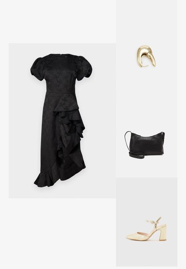 Vestido preto com mangas bufantes, corpete ajustado e um detalhe de babado em cascata de um lado, feito de um tecido texturizado com um padrão subtil.; Sapato de salto metálico dourado com bico pontiagudo, uma tira no tornozelo com fecho circular e um design de salto grosso. Textura suave.; Bolsa de ombro em pele preta com textura suave, forma curva, alça ajustável e fecho com zip. Design minimalista sem adornos.; Brinco em metal dourado com um design elegante e curvo. Apresenta uma forma pontiaguda distinta, superfície polida e fecho por dobradiça.