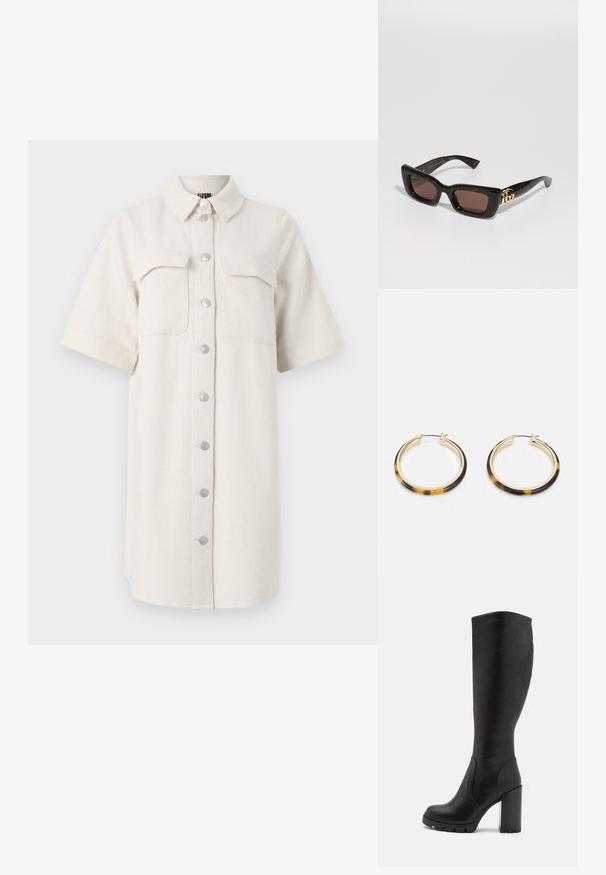 Vestido de manga curta, com botões, em tecido texturizado de cor creme, apresentando dois bolsos frontais e colarinho, com um corte reto e bainha arredondada.; Botas pretas até ao joelho, feitas de um material liso, com um salto bloco robusto, bico arredondado e detalhes de costura discretos.; Óculos de sol de tartaruga negra com lentes retangulares, tonalidade castanha, armação grossa e detalhe em duplo G dourado na têmpora.; Brincos em formato de argola dourada com uma borda exterior em resina com padrão tartaruga, apresentando um acabamento suave e uma forma circular elegante.