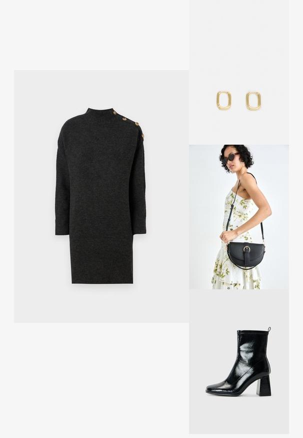 Donkergrijze gebreide jurk met een hoge hals, driekwartmouwen en decoratieve gouden knopen op één schouder. Gladde textuur.; Zwarte, gepatineerde enkellaars met een vierkante neus en een chunky geometrische hak. De laars heeft een gladde, glanzende textuur en een achterste trekband voor eenvoudig aan- en uittrekken.; Zwarte leren handtas met een gebogen vorm, afneembare schouderband en gouden hardware. De tas heeft een klep met een gespsluiting.; Gouden rechthoekige ringoorbellen met een zachte textuur en ronde randen. Het ontwerp heeft een minimalistische, geometrische vorm.