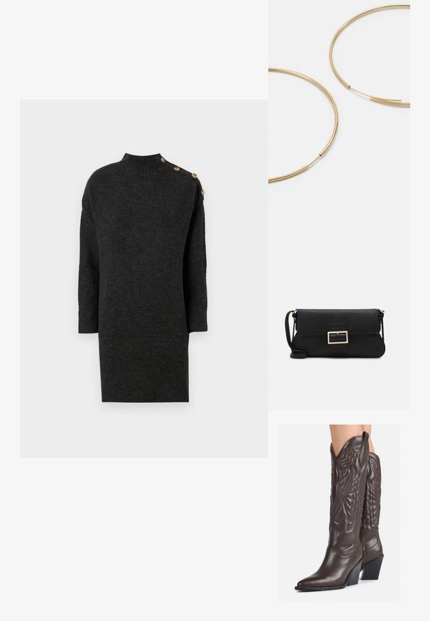 Mørkegrå strikkjole med høj hals, trekvartlange ærmer og dekorative guldknapper på den ene skulder. Glat tekstur.; Brune læder cowboystøvler med spids tå og blokhæle, med detaljeret syning og forhøjede accenter på skaftet.; Sort læder clutchtaske med klap og detaljer i guldmetallisk spænde. Inkluderer en sort rem og et slankt, minimalistisk design.; Guldfarvede hoops øreringe, tynde og runde i formen, med en glat metallisk finish uden udsmykninger eller mønstre.