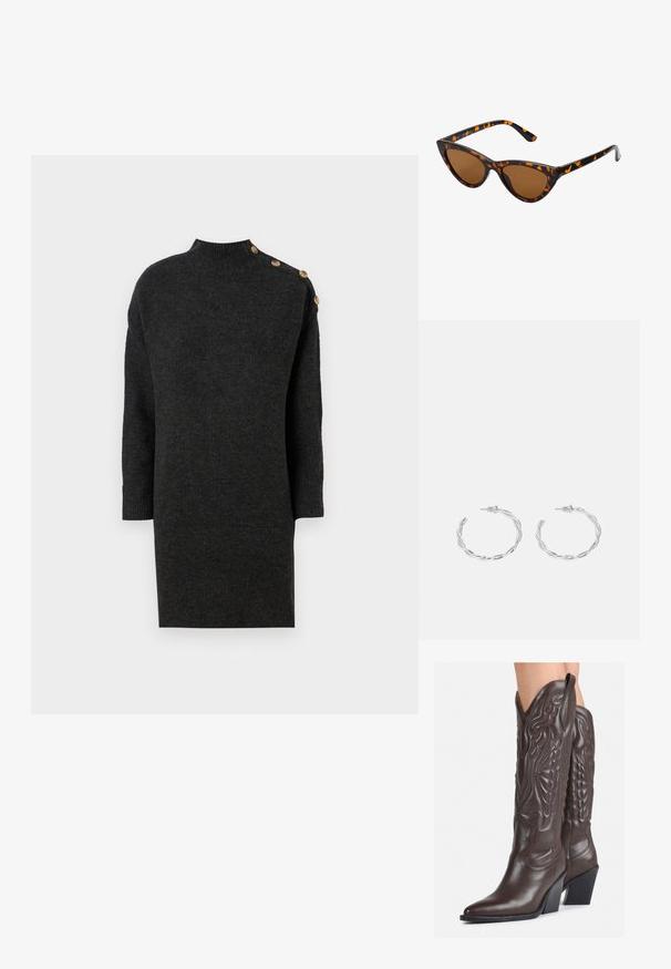 Abito maglione grigio scuro con colletto alto, maniche a tre quarti e bottoni decorativi dorati su una spalla. Texture liscia.; Stivali da cowboy in pelle marrone con punta affusolata e tacco a blocco, caratterizzati da dettagliati ricami e accenti rialzati sul gambale.; Occhiali da sole cat-eye con una montatura tartarugata nera e arancione, lenti marroni e punte affusolate e eleganti. Presentano un logo minimale sulla asta.; Orecchini a cerchio in argento con un design torciglionato, caratterizzati da una finitura lucida e chiusura a perno. Misurano circa 3 cm di diametro.