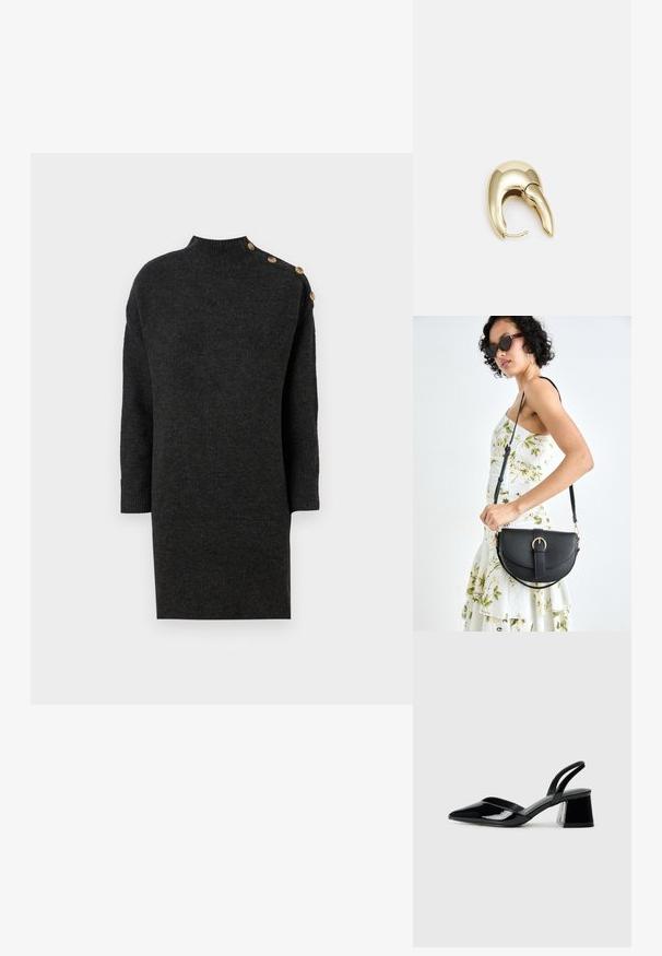 Tamno siva pletena haljina s visokim izrezom, rukavima do tri četvrtine i dekorativnim zlatnim dugmadi na jednom ramenu. Glatka tekstura.; Crne lakirane kožne sandale s otvorenom petom i špicastim vrhom, s geometrijskom blok petom. Imaju elegantan, minimalistički dizajn i glatku teksturu.; Crna kožna torba s lukovitim oblikom, odvojivim remenom i zlatnim detaljima. Torba ima preklop s kopčom.; Zlatne metalne naušnice s elegantnim, zakrivljenim dizajnom. Imaju karakterističan šiljast oblik, poliranu površinu i zatvaranje na šarku.