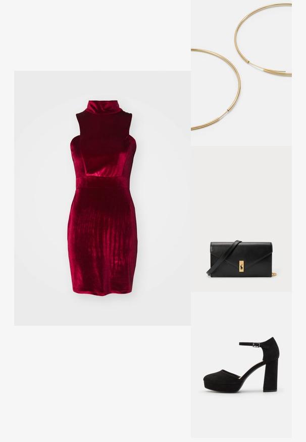 Haljina od crvenog baršuna s visokom ovratnikom, bez rukava, usko krojena uz tijelo i teksturirane površine. Dužina do koljena s glatkim, sjajnim materijalom.; Crne suede platform cipele s debljim blok petom, zaobljenim vrhom i trakama za gležnjeve učvršćenim metalnom kopčom. Cijela površina je glatka.; Zlatne kružne naušnice, tanke i okrugle, s glatkom metalnom površinom bez ukrasa ili uzoraka.; Crna kožna novčanica s preklopom, zlatnim hardverom i akcentom s logom. Uključuje odvojivi remen za nošenje.