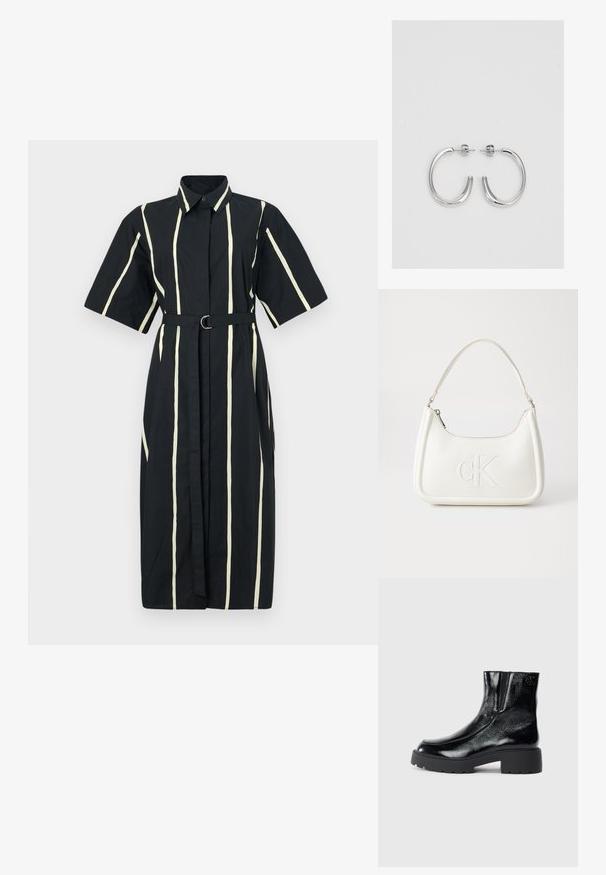 Juoda marškinėlių suknelė su trumpomis rankovėmis, baltomis vertikaliomis dryžiais ir diržu su apvaliu sagtimi liemenyje. Pagaminta iš medvilnės.; Juodi kulkšniniai batai su blizgia lakuota oda, storu juodu guminio pado ir pakeltu kulnu; šone yra subtilus logotipo detalė.; Balta odinė rankinė su išlenkta forma, su reljefiniu "CK" logotipu priekyje ir viena petneša. Užtrauktuko uždarymas viršuje.; Sidabrinės auskarai žiedai su lygiu, blizgiu paviršiumi. Suapvalinta forma, lengvas dizainas, su uždarymu ant smeigtuko.