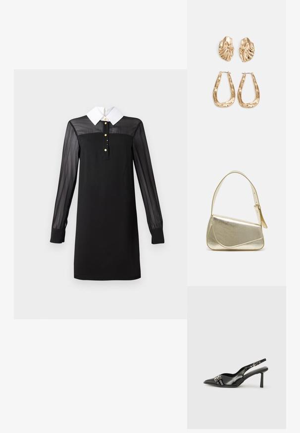 Svart klänning med vit krage, långa genomskinliga ärmar, knappslå med guldknappar och en figursydd silhuett. Slät textur över hela.; Svart lackläder slingbacksko med spetsig tå, ankelremmar med silverfärgade spännen och detaljer samt en smal klack.; Guldfärgad metallhandväska med en strukturerad design, slät textur och justerbar rem. Har en unik triangulär form och minimalistisk sömnad.; Örhängen i guldton med texturerade, vågiga former. Inkluderar skulpturala clip-on-stift och öppen hoop-design med hamrad finish.