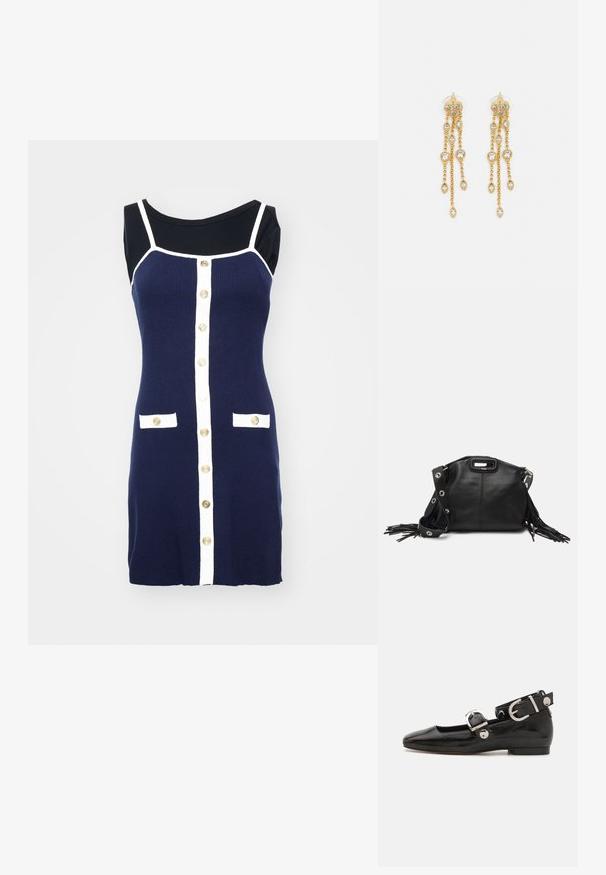 Mornarska pletena haljina s bijelim detaljima, s izrezom u obliku suza, zlatnim gumbima duž prednje strane i dva bijela džepa s preklopima.; Crne lakirane balerinke sa četvrtastim vrhom, remenom oko zapešća sa srebrnim detaljima i ravnim đonom. Glatka tekstura s minimalističkim dizajnom.; Maje MISS MINI - Torba preko tijela - noir; Zlatne naušnice s višestrukim kaskadnim lancima, s prozirnim ovalnim cirkonima i dekorativnim šiljcima na vrhu.