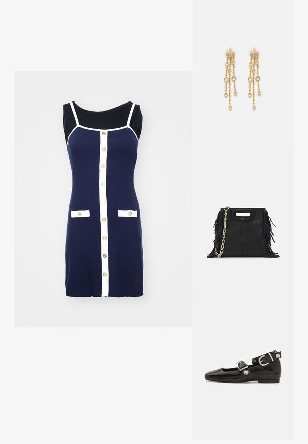 Abito di maglina navy con dettagli bianchi, caratterizzato da scollatura a barca, bottoni dorati sul davanti e due pattine bianche sulle tasche.; Scarpa flat in vernice nera con punta quadrata, cinturino alla caviglia con hardware in argento e suola piatta. Texture liscia con design minimalista.; Borsa a tracolla in pelle nera con dettagli a frangia, catena dorata e manico ritagliato. Presenta il logo sulla parte anteriore.; Orecchini dorati con molteplici catene a cascata, dotati di accenti in strass ovali trasparenti e parte superiore decorativa a perno.