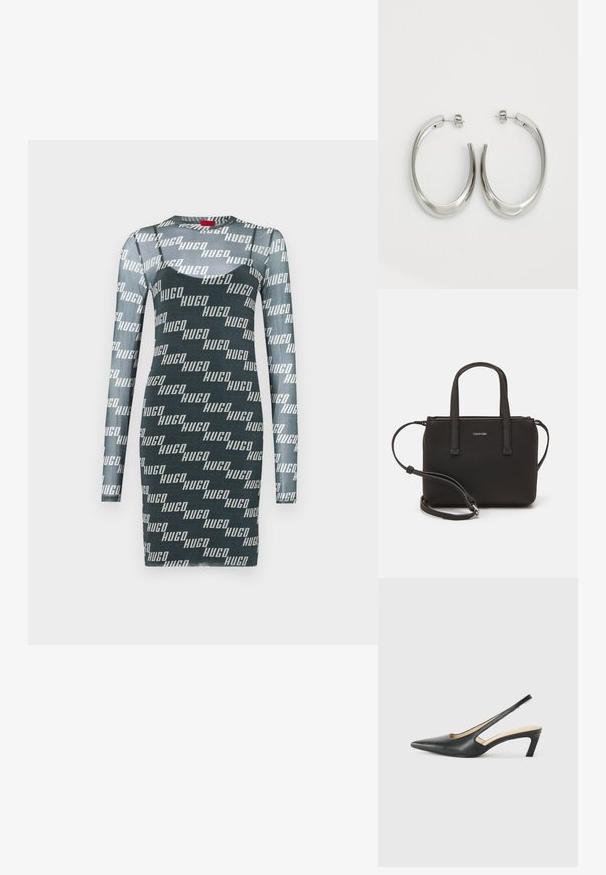 Tumšzaļga garām piedurknēm tērps ar atkārtotu balto "HUGO" logo rakstu. Izgatavots no pieguļošas, elastīgas auduma ar apaļu kakla izgriezumu.; Melna, ar smailu purngalu, slingback kurpe ar zemu papēdi, izgatavota no gludas ādas materiāla un ar izgriezumiem sānos gaisa caurlaidībai.; Melns roku soma ar divām īsām rokturiem un noņemamu plecu siksnu. Gluda ādas līdzīga materiāla ar rāvējslēdzēja aizdari un logos detaļu.; Sudraba riņķveida auskari ar gludu, izliekta dizaina formu. Iezīmējas ar spīdīgu metāla apdari un pievienojamu aizdari. Nav redzamu rakstu vai akcentu.
