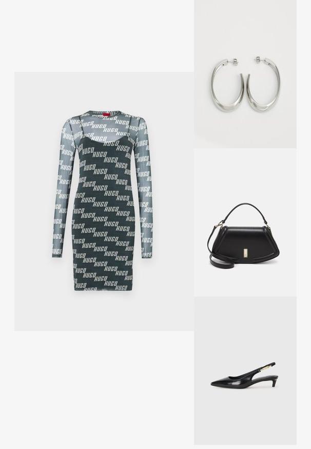 Tumes rohelises, pikkade varrukatega kleit, millel on korduv valge "HUGO" logo muster. Valmistatud läikivast, venivast kangast ja ümmarguse kaeluse avaga.; Mustad nahast slingback kontsad terava ninaga, millel on õhuke konts ja kuldse tooni aktsent reguleeritaval rihmal. Sile tekstuur.; Must mustrist käekott, millel on struktureeritud disain, lühendatud kuju, ülemine käepide ja kuldne metallist detail. Reguleeritav õlalihm on kaasas.; Hõbe rõngas kõrvarõngad, millel on sujuv ja kõver kuju. Omab läikivat metallist viimistlust ja nupuga sulgemist. Pole nähtavaid mustreid ega aksessuaare.
