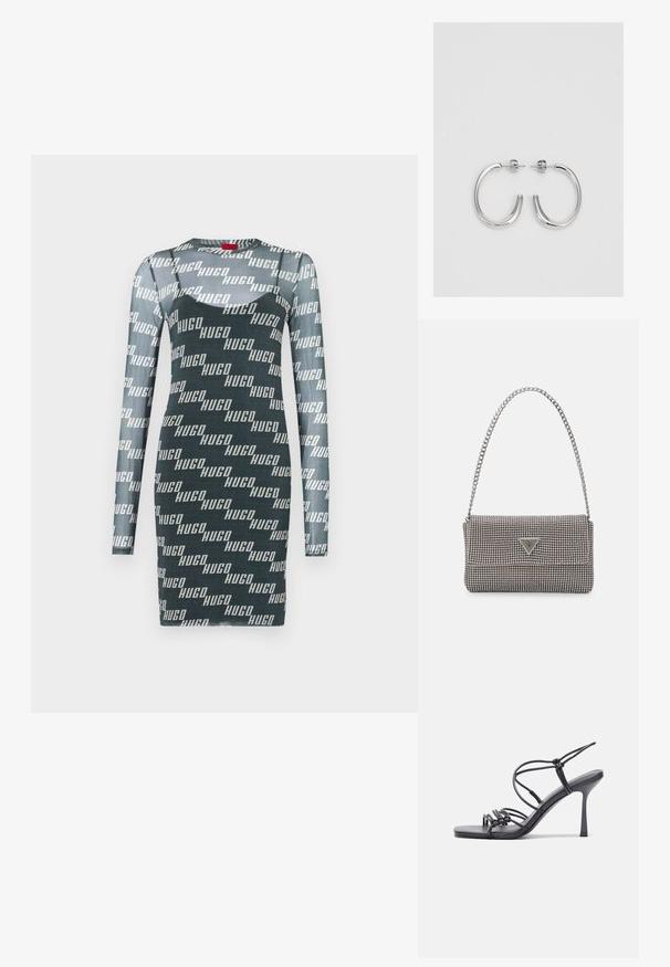 Rochie cu mânecă lungă în verde închis, cu un model repetat de logo-uri albe "HUGO". Fabricată dintr-un material elastic, ajustat, cu decolteu rotund.; Sandale negre cu toc înalt au curele subțiri cu un design legat, un vârf pătrat neted și un toc stiletto elegant.; Geantă metalică gri deschis, cu un strap din lanț, decorată cu mici ținte circulare metalice și un logo de marcă triangular.; Cercei rotunzi din argint cu un finisaj neted și strălucitor. Design ușor, având o formă rotundă și închidere cu tijă.